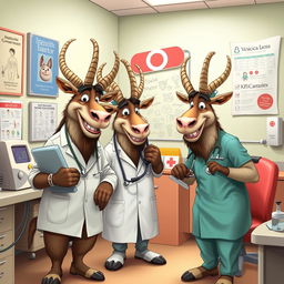 A playful, humorous scene in a doctor's office featuring anthropomorphic gnu characters dressed as doctors and nurses