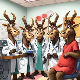 A playful, humorous scene in a doctor's office featuring anthropomorphic gnu characters dressed as doctors and nurses