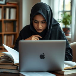 A Muslim woman deeply focused on her research behind a laptop, wearing a traditional chador