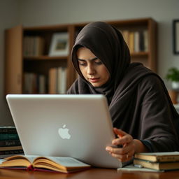 A Muslim woman deeply focused on her research behind a laptop, wearing a traditional chador