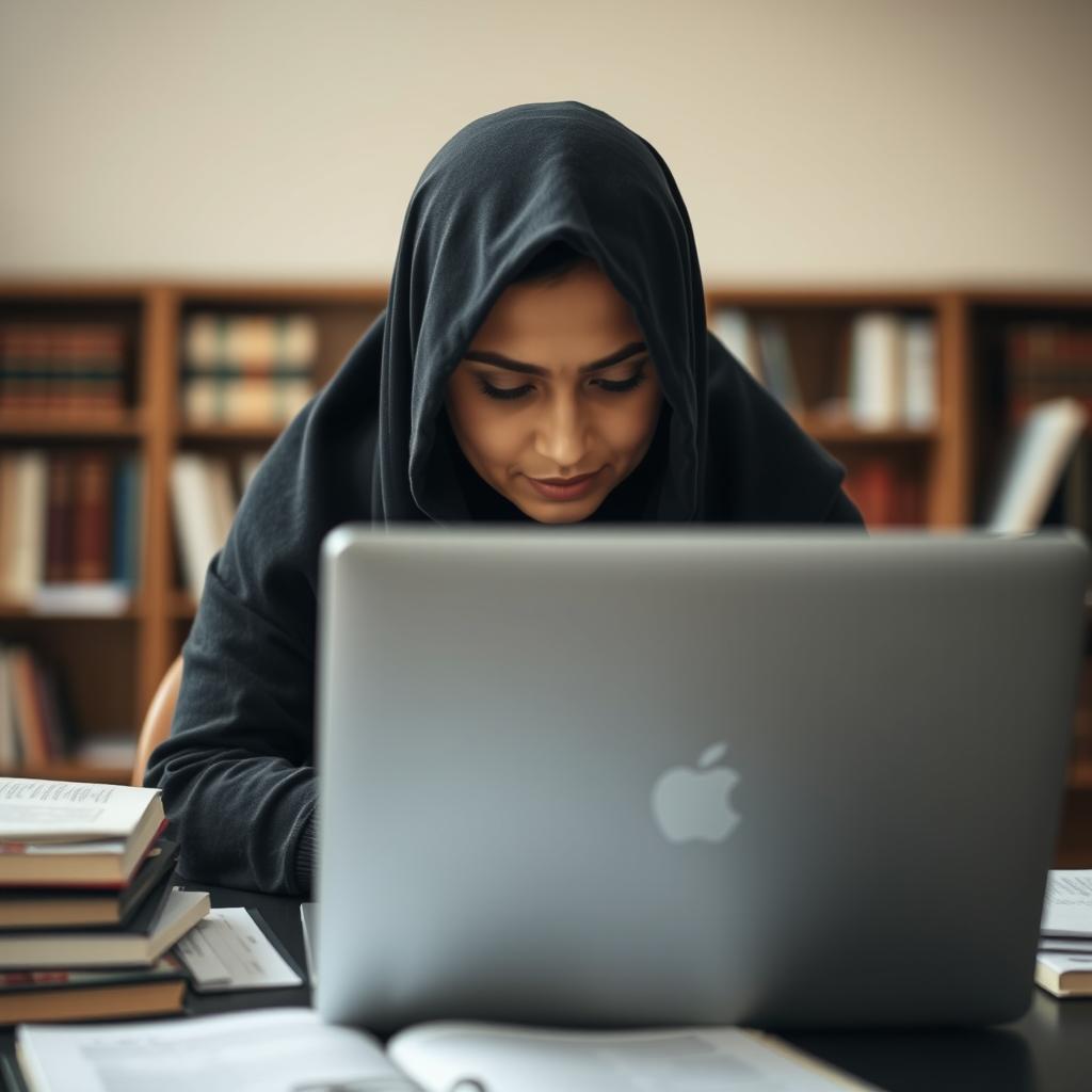 A Muslim woman deeply focused on her research behind a laptop, wearing a traditional chador
