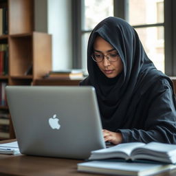 A Muslim woman deeply focused on her research behind a laptop, wearing a traditional chador