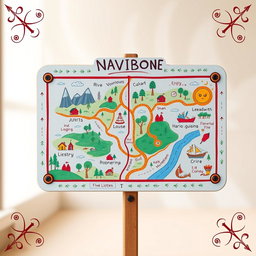 A creatively designed navigation board, featuring an imaginative layout with various artistic elements