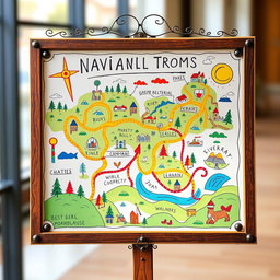 A creatively designed navigation board, featuring an imaginative layout with various artistic elements