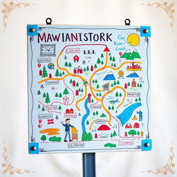 A creatively designed navigation board, featuring an imaginative layout with various artistic elements