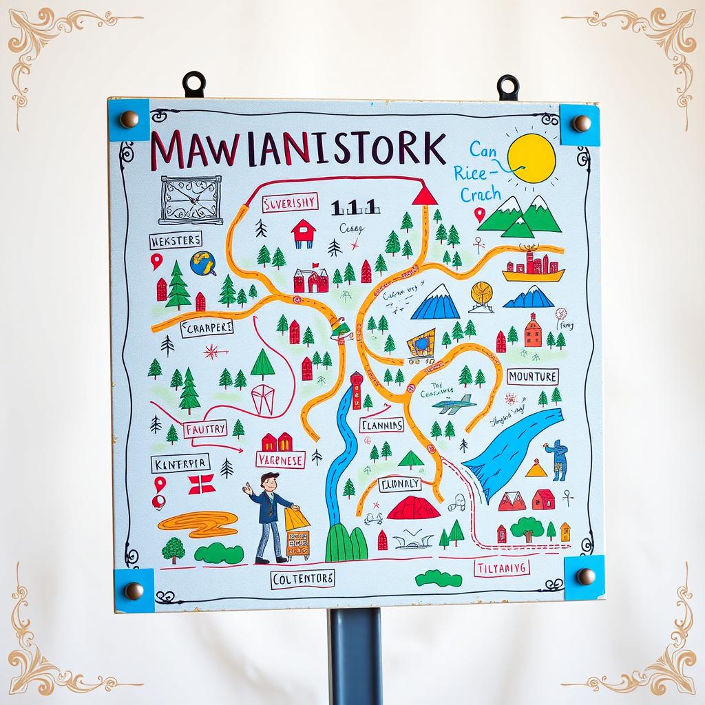 A creatively designed navigation board, featuring an imaginative layout with various artistic elements