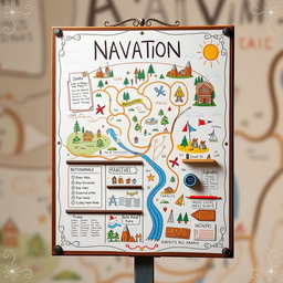 A creatively designed navigation board, featuring an imaginative layout with various artistic elements