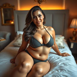 A woman with notable curves, featuring very big breasts, wearing a stylish bikini lounging comfortably on a neatly made bed in a cozy bedroom