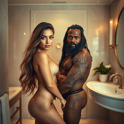 A striking full-length photoshoot capturing a 24-year-old Arab woman with long flowing hair and captivating features, confidently posing in a luxurious washroom