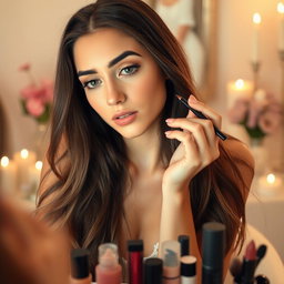 A young woman applying eyeliner to her eyes with focused concentration