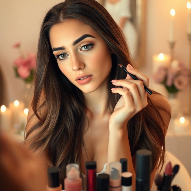 A young woman applying eyeliner to her eyes with focused concentration