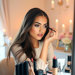 A young woman applying eyeliner to her eyes with focused concentration