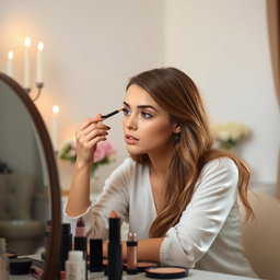 A young woman applying eyeliner to her eyes with focused concentration