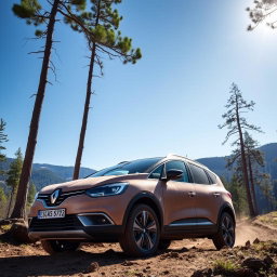 A rugged Renault Scenic parked off-road in a scenic mountainous landscape