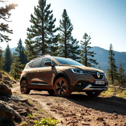 A rugged Renault Scenic parked off-road in a scenic mountainous landscape