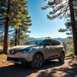 A rugged Renault Scenic parked off-road in a scenic mountainous landscape