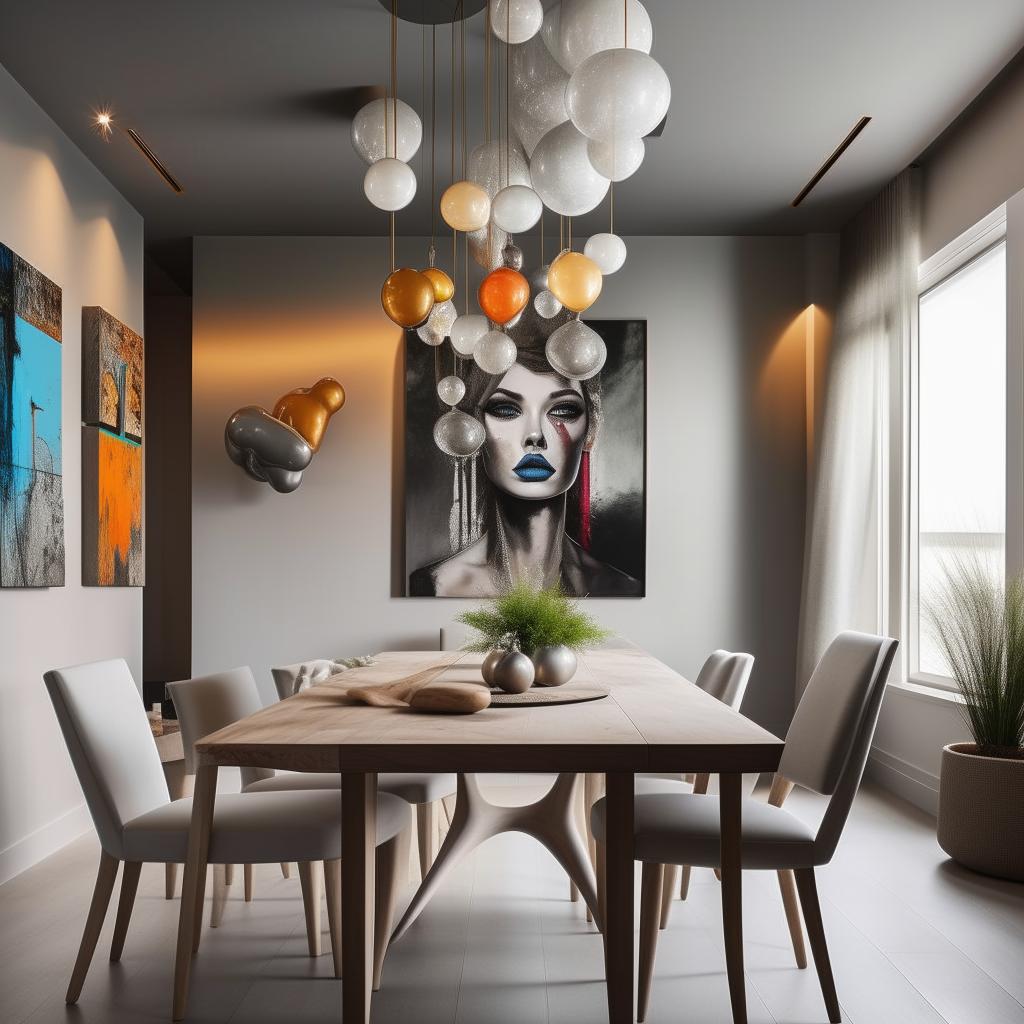 Envision a 7.50m x 4.00m home living room reception, adorned with modern, warm, and cozy grey and off-white furniture. An elegant dining table takes center stage, while large, crazy paintings punctuate the space. The room has one window and is bordered by three walls.