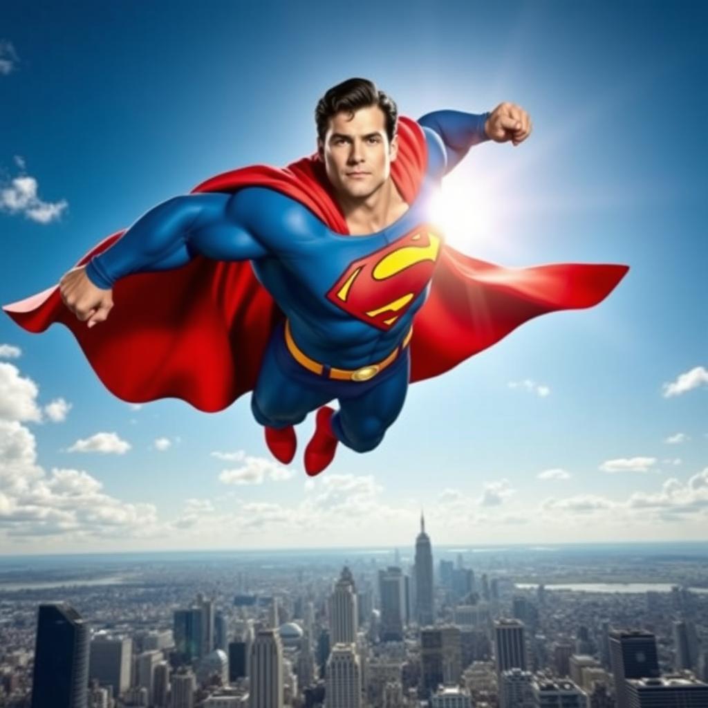 A powerful and iconic superhero in a dynamic pose, showcasing a muscular physique, wearing a classic blue and red costume with a prominent 'S' emblem on his chest