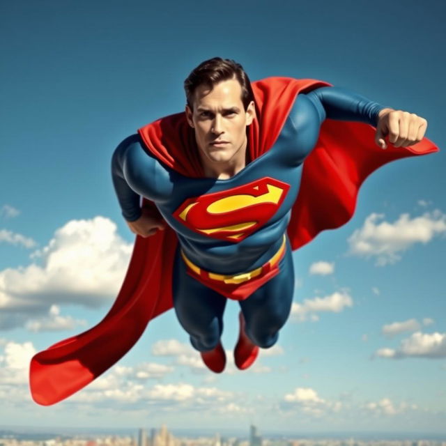 A powerful and iconic superhero in a dynamic pose, showcasing a muscular physique, wearing a classic blue and red costume with a prominent 'S' emblem on his chest