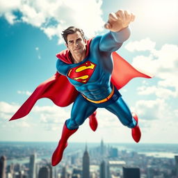 A powerful and iconic superhero in a dynamic pose, showcasing a muscular physique, wearing a classic blue and red costume with a prominent 'S' emblem on his chest