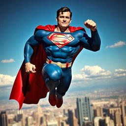 A powerful and iconic superhero in a dynamic pose, showcasing a muscular physique, wearing a classic blue and red costume with a prominent 'S' emblem on his chest