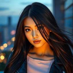 A striking young woman with long, flowing black hair that cascades down her shoulders, her hair glistening under soft lighting