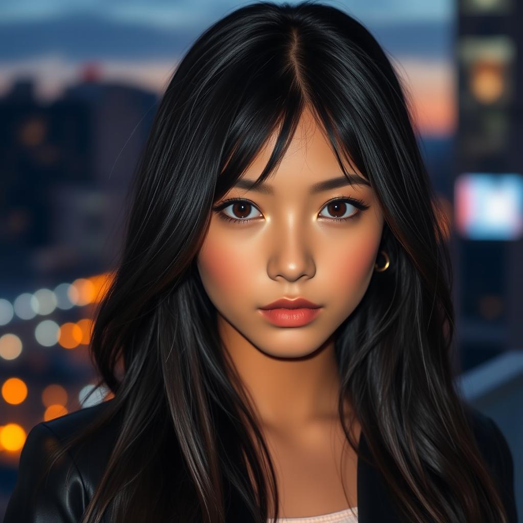 A striking young woman with long, flowing black hair that cascades down her shoulders, her hair glistening under soft lighting