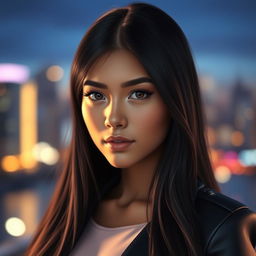 A striking young woman with long, flowing black hair that cascades down her shoulders, her hair glistening under soft lighting