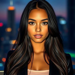 A striking young woman with long, flowing black hair that cascades down her shoulders, her hair glistening under soft lighting