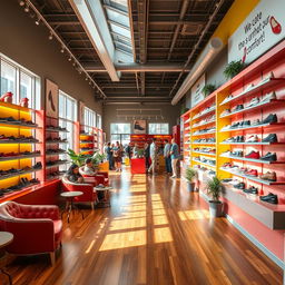 A vibrant and welcoming interior of a modern shoe shop, featuring colorful displays of shoes on bright, open shelves