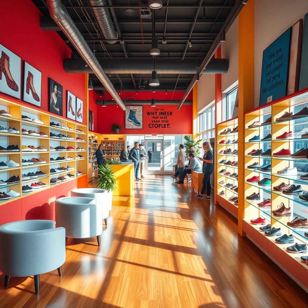 A vibrant and welcoming interior of a modern shoe shop, featuring colorful displays of shoes on bright, open shelves