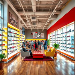 A vibrant and welcoming interior of a modern shoe shop, featuring colorful displays of shoes on bright, open shelves