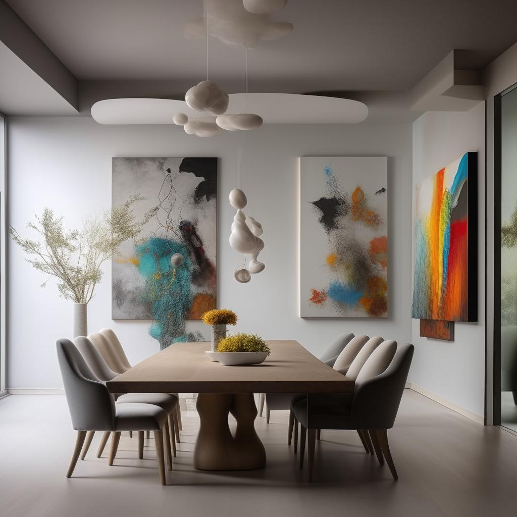 Envision a 7.50m x 4.00m home living room reception, adorned with modern, warm, and cozy grey and off-white furniture. An elegant dining table takes center stage, while large, crazy paintings punctuate the space. The room has one window and is bordered by three walls.