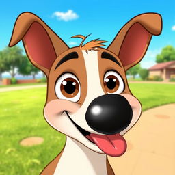 A cartoonish dog face with large, expressive eyes, a slightly tilted head, and a playful expression