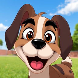 A cartoonish dog face with large, expressive eyes, a slightly tilted head, and a playful expression