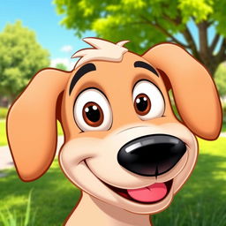 A cartoonish dog face with large, expressive eyes, a slightly tilted head, and a playful expression