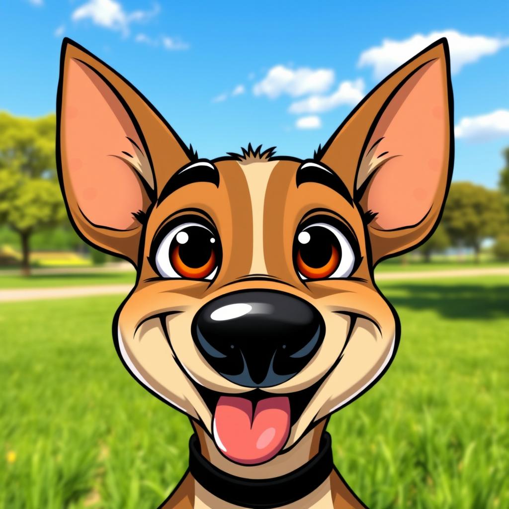 A cartoonish dog face with large, expressive eyes, a slightly tilted head, and a playful expression