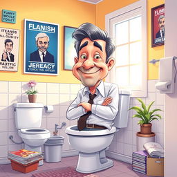 A humorous and lighthearted illustration of a middle-aged man with a distinctive appearance resembling a politician, depicted sitting on a toilet