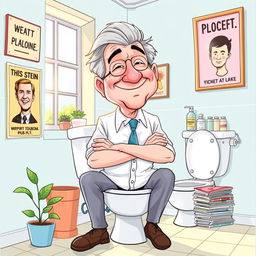 A humorous and lighthearted illustration of a middle-aged man with a distinctive appearance resembling a politician, depicted sitting on a toilet