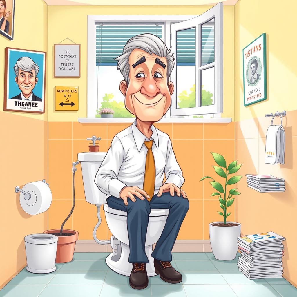 A humorous and lighthearted illustration of a middle-aged man with a distinctive appearance resembling a politician, depicted sitting on a toilet