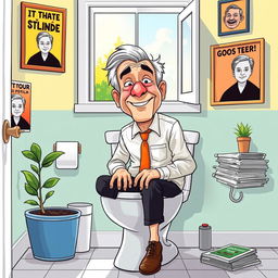 A humorous and lighthearted illustration of a middle-aged man with a distinctive appearance resembling a politician, depicted sitting on a toilet