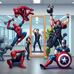 A vibrant gym scene featuring six Marvel characters