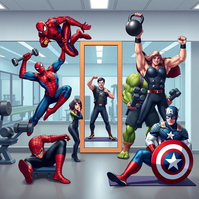 A vibrant gym scene featuring six Marvel characters