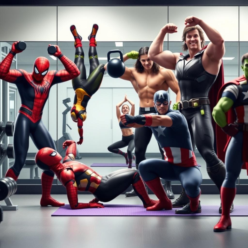 A vibrant gym scene featuring six Marvel characters