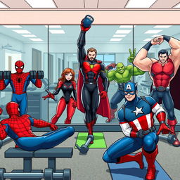 A vibrant gym scene featuring six Marvel characters