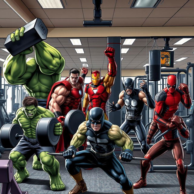 A dynamic gym scene featuring six angry male Marvel characters