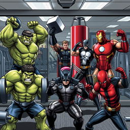 A dynamic gym scene featuring six angry male Marvel characters