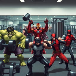 A dynamic gym scene featuring six angry male Marvel characters