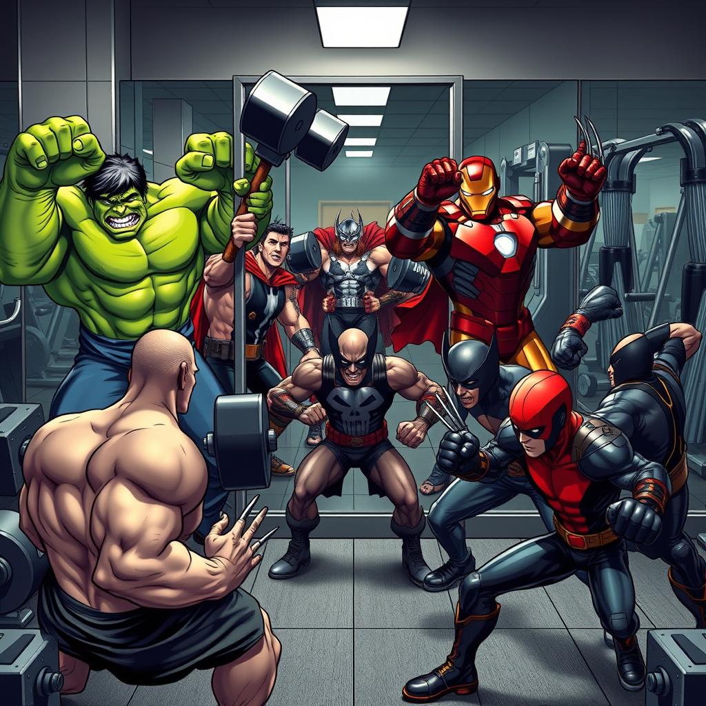 A dynamic gym scene featuring six angry male Marvel characters