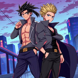A dynamic illustration of two characters inspired by anime style, showcasing Todo with short, spiky hair and a confident expression, dressed in a stylish, modern outfit